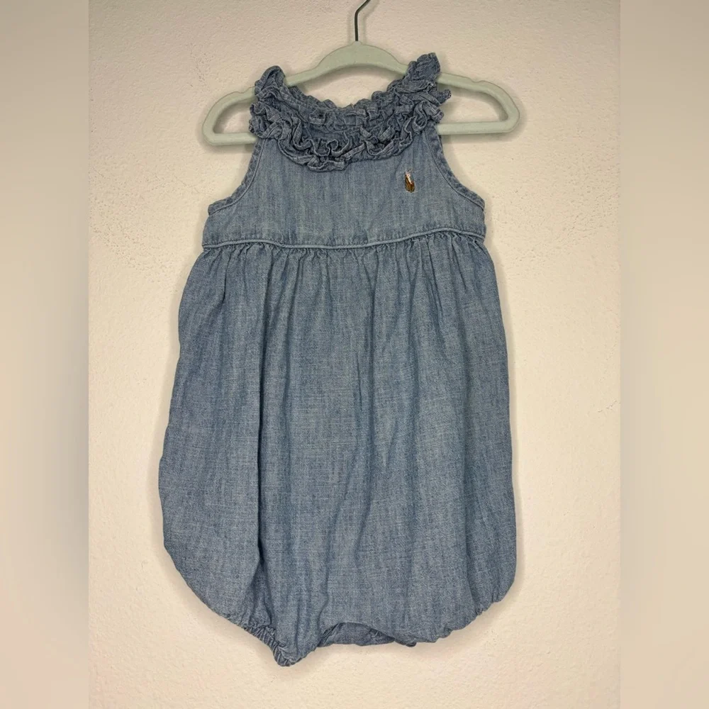 POLO RALPH LAUREN VINTAGE DENIM RUFFLE BABY GIRLS ONSIE SZ 6-12MONTHS